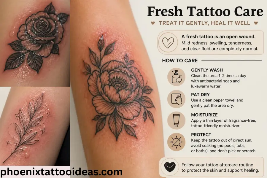 Tattoo healing timeline week by week showing Days 1–3, Days 4–7, Week 2, Weeks 3–4, and Months 2–6 with normal tattoo healing stages.
