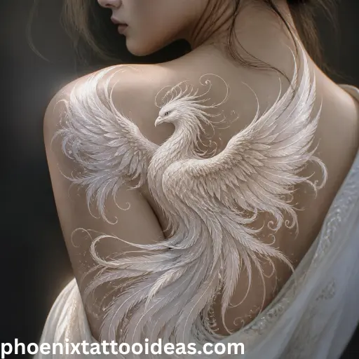 White phoenix tattoo symbolizing purity, spiritual renewal, hope, and new beginnings with elegant feather details.