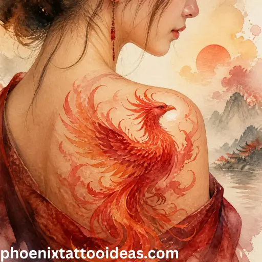 Red phoenix tattoo with fiery wings symbolizing rebirth, passion, courage, resilience, and personal transformation.