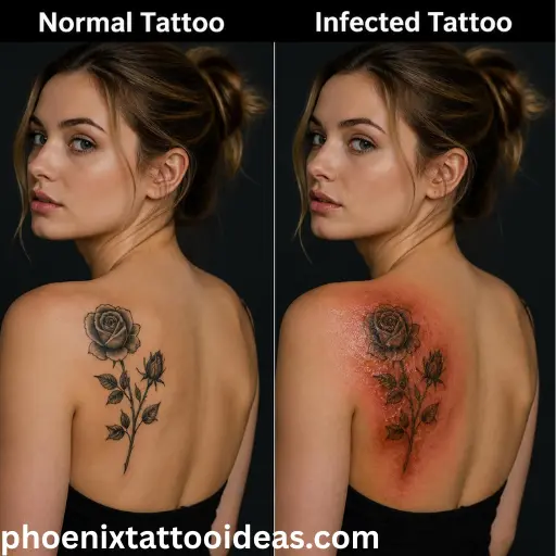 Normal vs. infected tattoo comparison showing healthy tattoo healing stages alongside common tattoo infection symptoms such as redness, swelling, and pus.