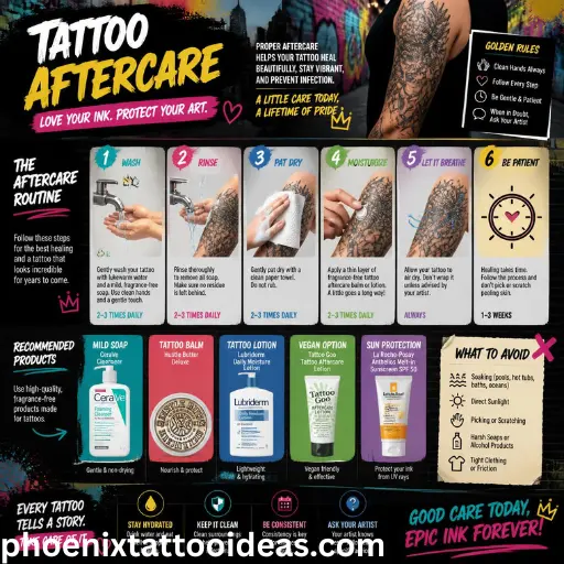 Complete tattoo aftercare routine showing how to clean, moisturize, and protect a healing tattoo for faster recovery and healthy skin healing.