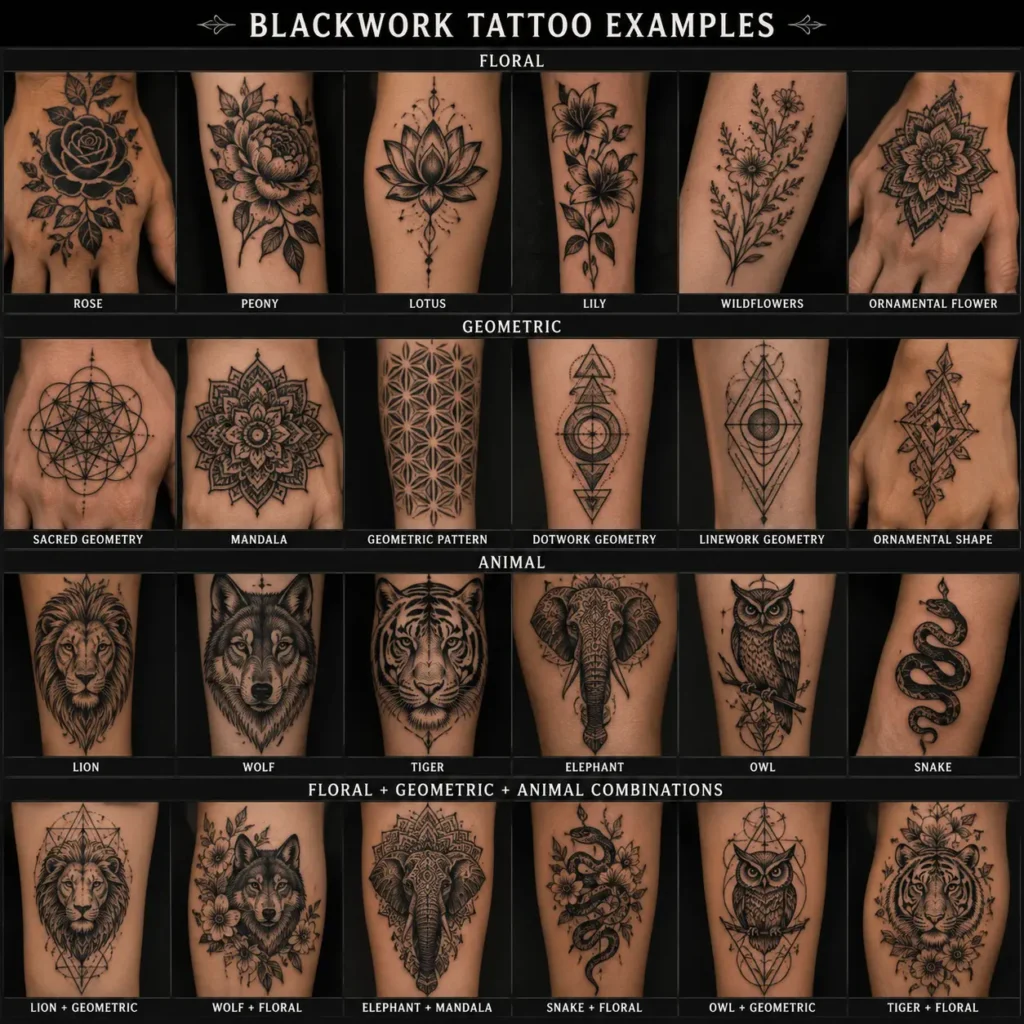 Popular hand tattoo styles including blackwork, geometric, floral, animal, and fine-line tattoos