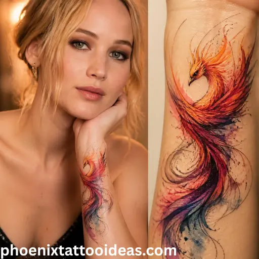 Detailed phoenix bird tattoo showcasing rebirth, resilience, transformation, and spiritual symbolism in a colorful tattoo design.